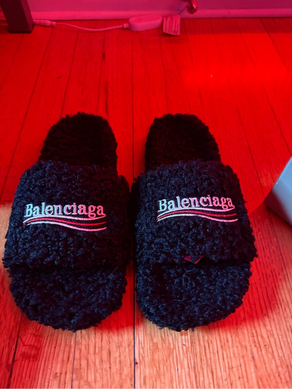 Balenciaga Black Shearling Logo Slide with Embroidered Stripe - Picture 2 of 4
